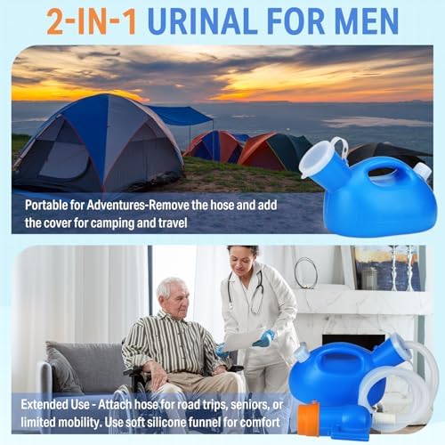 ONEDONE Urinals for Men - Portable Urinal for Men Spill Proof Men's Urine Bottle Male Pee Bottle w/Separate Urine Outlet Soft Funnel 68 OZ Urinal for Hospital Home Camping Car Leakproof 47" Hose