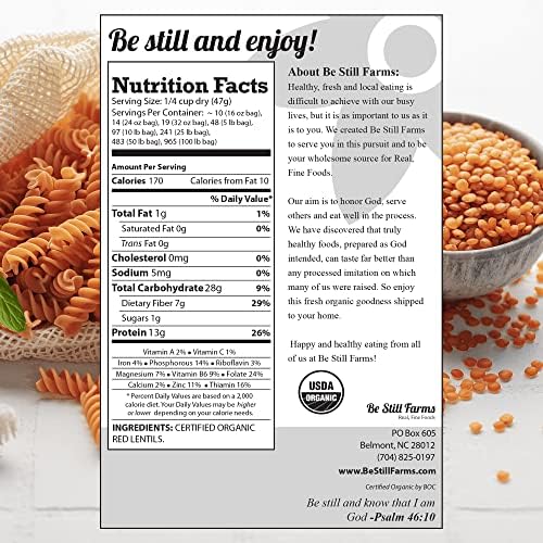 Organic Red Lentils Dry by Be Still Farms - Lentils Bulk (4.8lb) aka Masoor Dal - Ideal for Soup, Pasta, Pilof - High in Protein & Fiber | USDA Certified | Vegan | Non-GMO | Gluten Free