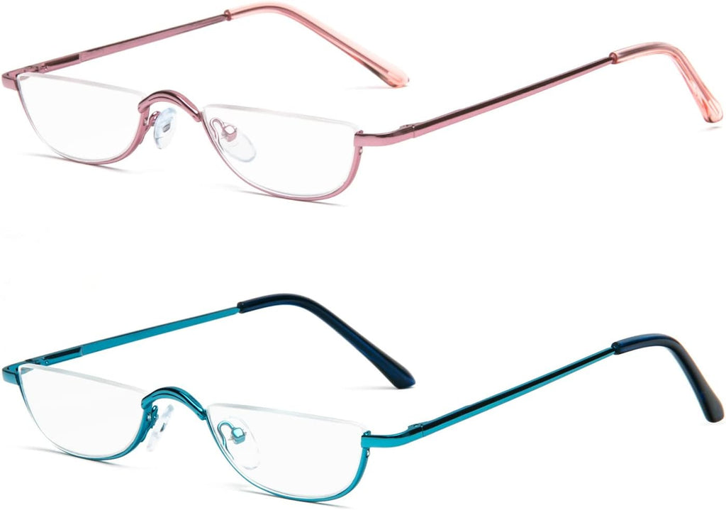 KoKoBin Half Reading Glasses,2 Pack Half Rim Metal Frame Glasses Spring Hinge Readers with Leather Pouch for Men and Women (Blue+Pink,2.50)
