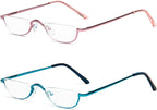 KoKoBin Half Reading Glasses,2 Pack Half Rim Metal Frame Glasses Spring Hinge Readers with Leather Pouch for Men and Women (Blue+Pink,1.50)