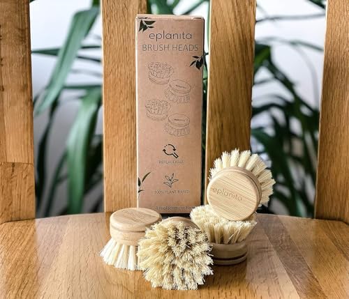 eplanita Replacement Brush Heads (Pack of 8) for Bamboo Dish Brush, Sisal Bristle Refills, Agave Cactus Fibres, Kitchen Eco Scrubber, Plastic Free Washing Up, Zero Waste Cleaning