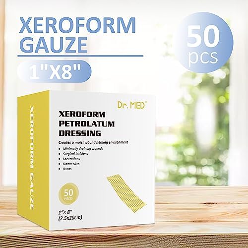 Dr.Med Xeroform Petrolatum Dressing Patch, 1"x8"-50 Pcs/Box, Non-Adherent Gauze Dressings, for Minor or Partial Thickness Burns, Lacerations, Skin Graft Recipient Sites, Newly Sutured Wounds