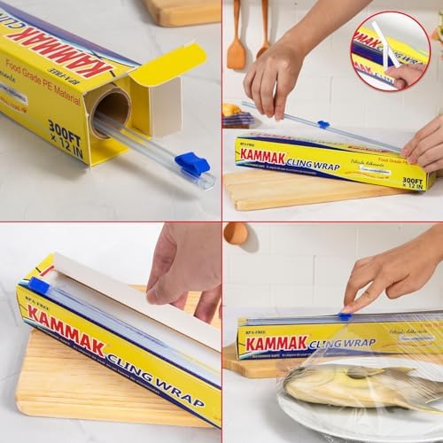 KAMMAK Plastic Wrap with Slide Cutter Food Cling Wrap 12 Inch Kitchen Cling Film BPA-Free Microwave-Safe 300 Ft Roll Food Service Film Quick Cut for Restaurant (2 Pack)