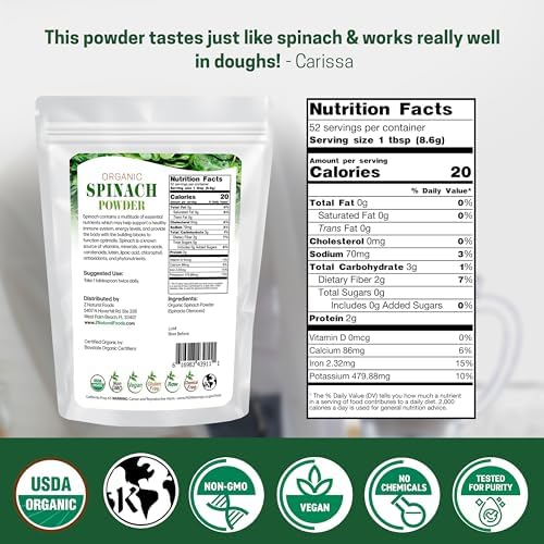 Z Natural Foods Organic Spinach Powder - 100% Pure & Nutrient-Dense Dried Raw Spinach Leaves for Immune & Energy Boost - Fresh Powdered Vegetable, Supports Eye & Heart Health, Vegan, 1 lb