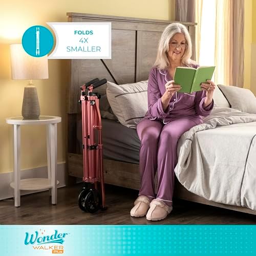 Stander Wonder Walker Plus, Lightweight Folding Mobility Aid for Adults, Seniors, and Elderly, Collapsible Travel EZ Fold-N-Go with Wheels, Glides, & Basket, Matte Black