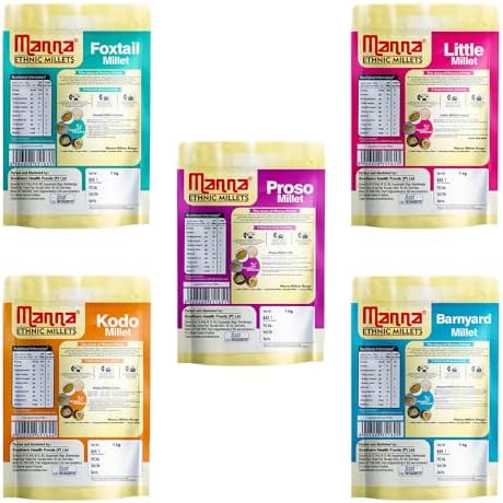 Manna Millets 5kg - Natural Grains Combo Pack of 5 Foxtail 1kg, Kodo 1kg, Little 1kg, Barnyard 1kg, Proso 1kg