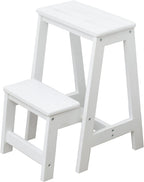 Wooden Step Ladder Chair Household Wooden 2 Step Stool Folding Ladder Chair Multifunction Home Kitchen Step Safety Non-Slip Tread Ladder for Indoor and Outdoor 150kg Capacity, White