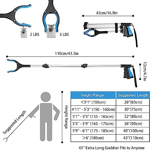 Housolution Reacher Grabber Tool, 43" Extra Long Grabbers for Elderly, Lightweight Handy Trash Claw Grabber with Magnets, Reaching Assist Tool for Trash Pick Up, Arm Extension, Litter Picker (Blue)