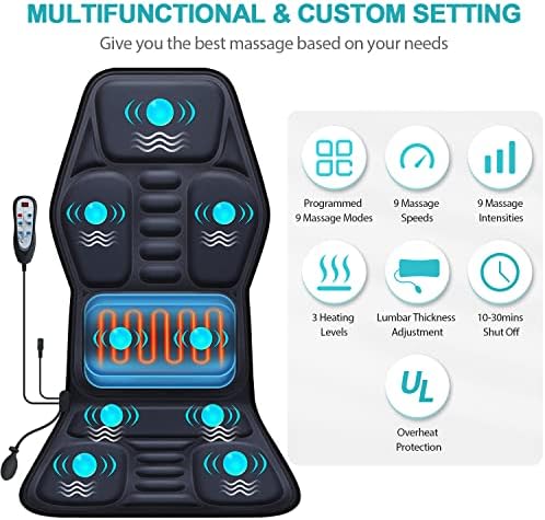Massage Seat Cushion Pad with Heat 9 Massage Style Lumbar Support Function, Fatigue Stress Relief Back Massager Chair Pad for Men Women Home Office Use