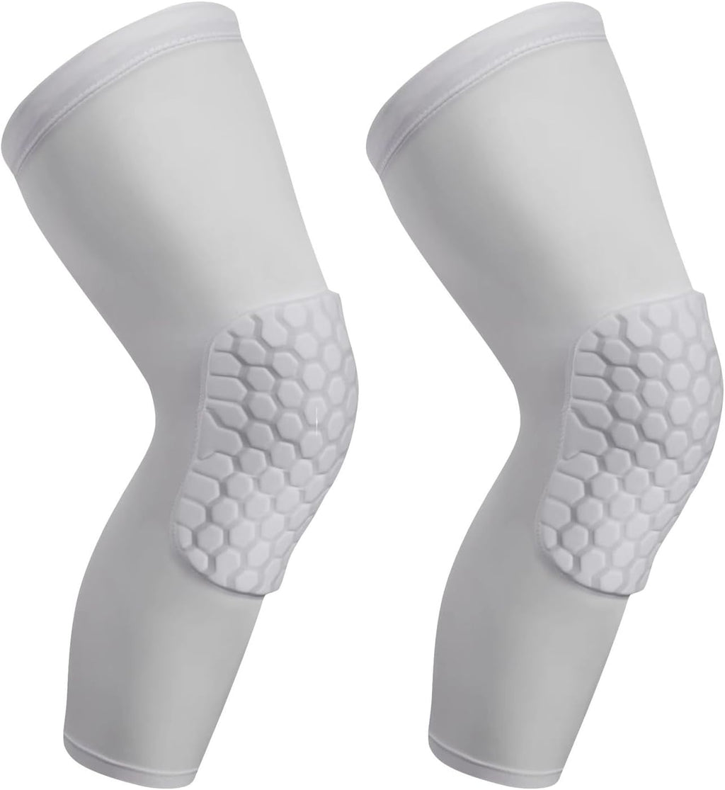 SUJAYU 2 Pack Basketball Knee Pads Sleeves, Honeycomb Anti Collision Knee Pads Leg Compression Sleeves, Outdoor Sports Sleeves for Skating Wrestling Soccer Football Volleyball (White, Large)