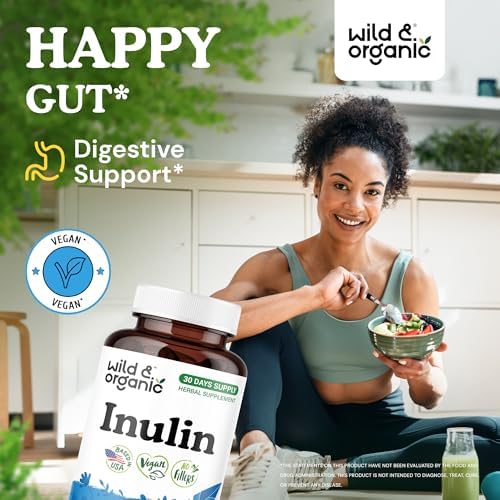 Wild & Organic Inulin Capsules 1400 mg - Digestive & Gut Support - Inulin Prebiotic Fiber Powder Supplement - Chicory Root Derived - Vegan, No Fillers, Non-GMO - 120 Count