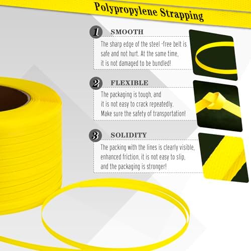 Poly Strapping, Packaging Banding Strap, Pallet Strapping Roll 3280' Length - Polypropylene Strapping 1/2" Width, 0.030" Thickness, 300 lbs Break Strength, Yellow Packing Straps