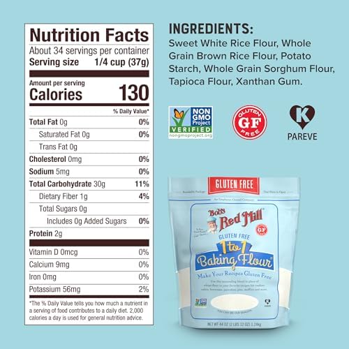 Bob's Red Mill Gluten Free 1 to 1 Baking Flour, 22oz (Pack of 4) - Non GMO, Vegan, Kosher