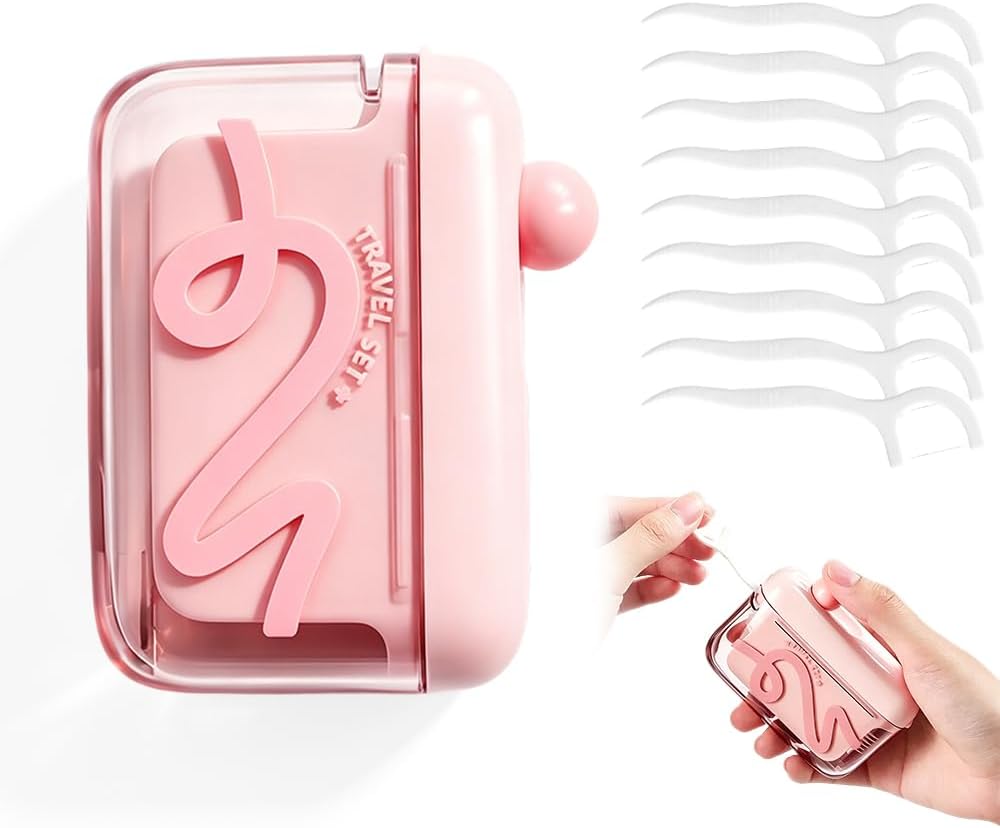 Automatic Pop-up Portable Floss Dispenser with 50 Pcs Dental Floss, Refillable for Home, Restaurant, and On-the-Go Oral Care (Pink)