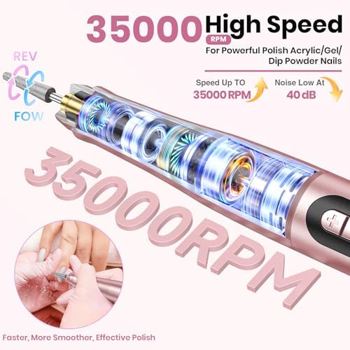 Cordless Nail Drill 35000RPM, Portable Electric Nail File for Acrylic Gel Nails, Professional Manicure Pedicure Kit, Rechargeable Pedicure Tools for feet with LCD Display, Low Noise Low Vibration