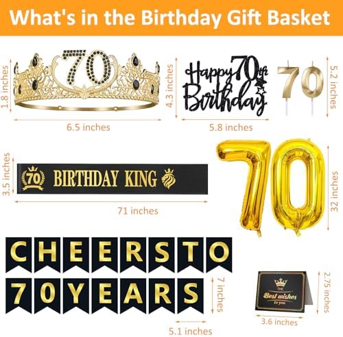 70th Birthday Gifts for Men, 70th Birthday Decorations for Men, Party Decor Supplies including King Crown & Sash & Banner & Balloons & Cake Topper & Candles
