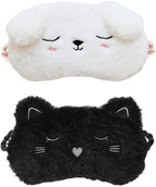 2 Pack Cartoon Animal Sleep Mask Soft Plush Blindfold Eye Masks Eye Cover for Women Girls Travel Nap Night Sleeping (2-Pack Cat Puppy)
