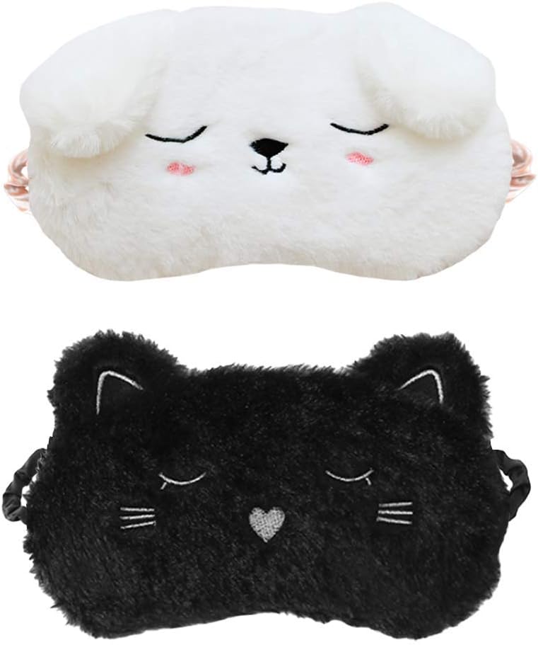 2 Pack Cartoon Animal Sleep Mask Soft Plush Blindfold Eye Masks Eye Cover for Women Girls Travel Nap Night Sleeping (2-Pack Cat Puppy)