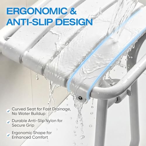 Foldable Shower Seat for Elderly & Disabled, Wall-Mounted Shower Chair with Support Legs, 500 lbs Capacity, Anti-Slip Curved Seat, Medical Bathing Aid for Safety & Fall Prevention