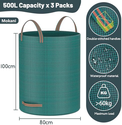 Mokani Reusable Yard Waste Bags, 79 Gallon Lawn and Leaf Bags 3 Packs, Heavy Duty Garden Bags With Reinforced Handles, Camping Yard Recycling Leaf Bag for Leaves