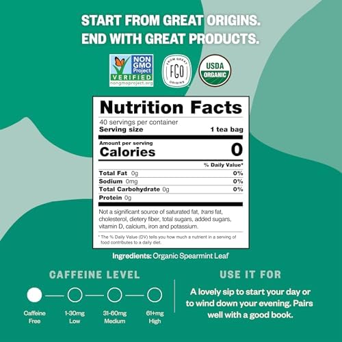 FGO Organic Spearmint Leaf Herbal Tea, 40 Count, Eco-Conscious Tea Bags, Caffeine Free, (Pack of 1)