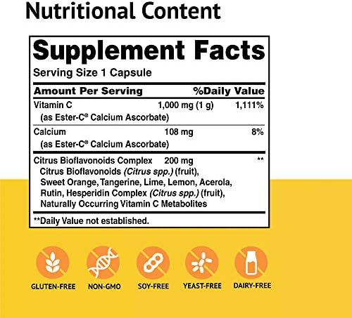 Ester-C American Health with Citrus Bioflavonoids Capsules - 24-Hour Immune Support, Gentle On Stomach, Non-Acidic Vitamin C - Non-GMO, Gluten-Free - 1000 mg, 90 Count