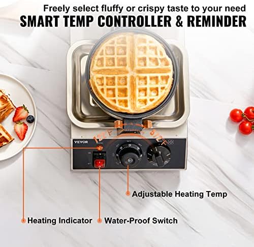VEVOR Commercial Waffle Maker, 1300W Round Waffle Iron, Non-Stick Rotatable Waffle Baker Machine With 122-572℉ Temp Range and Time Control, Teflon-Coated Baking Pan Stainless Steel Body 120V