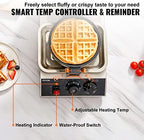 VEVOR Commercial Waffle Maker, 1300W Round Waffle Iron, Non-Stick Rotatable Waffle Baker Machine With 122-572℉ Temp Range and Time Control, Teflon-Coated Baking Pan Stainless Steel Body 120V