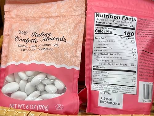 Trader Joe's Italian Confetti Almonds, Sicilian Avola With Sweet Candy Coating, 6 oz (170g), Premium White Coated Nuts