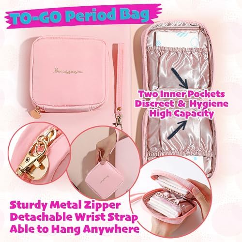 First Period kit for Girls | 22 PC Period Packs for Young Girls First Time | First Period Gift for Teen Girls with Sanitary Pad Storage Bag, Wipes, Bracelet, Eye Mask, Socks and More(Pink)