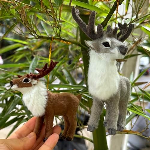 Realistic Plush Reindeer Figurine Set of 2 - Lifelike Christmas Deer Ornaments for Tree Hanging, Home & Car Decor - Woodland Animal Collectible, Holiday Photo Prop, Gift for Animal Lovers