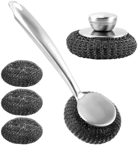 5Pcs Stainless Steel Wool Scrubber Sets, with Long & Short Handle & 3Pcs Detachable Pads, Metal Pot Scrubbers for Cleaning Dishes Iron Pots Stoves