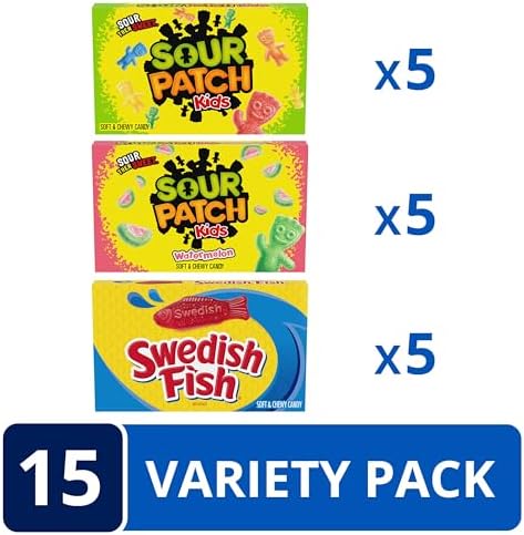 SOUR PATCH KIDS and SWEDISH FISH Soft & Chewy Candy Variety Pack, Bulk Candy, Mother's Day, 15 Boxes