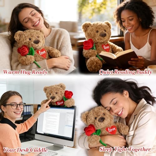 Cuckool Teddy Bear Stuffed Animal with Rose and Love Heart, Microwavable & Weighted Stuffed Animal Plush Gift Valentines Day Christmas Mother's Day for Her Women Girlfriend Wife 15"
