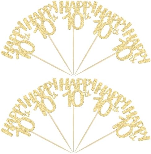Gyufise 24 Pack Happy 10th Cupcake Toppers Gold Number 10 Cupcake Picks for 10th Birthday Celebrating Wedding Anniversary Party Cake Decorations Supplies