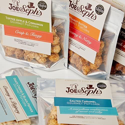 Joe & Seph's Bestsellers Selection (5x30g) Gourmet Popcorn, Salted Caramel, Toffee Apple & Cinnamon, Caramel & Belgian Chocolate and Goat's Cheese & Black Pepper, gift, movenight snack, airpopped