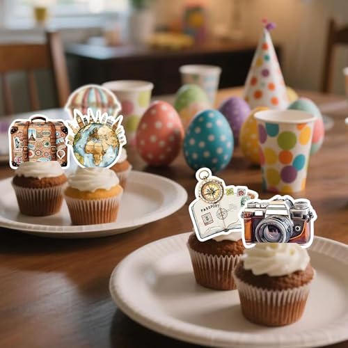 72Pcs Edible Travel Theme Cupcake Toppers Wafer Paper Let the Adventure Begin Cupcake Picks Travel Around The World Party Decorations for Going Away Farewell Party Supplies