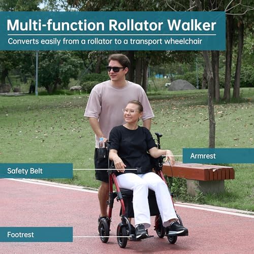 ELENKER All Terrain Rollator Walker Transport Wheelchair Combo, 2 in 1 Rolling Walker with Padded Seat and Wide Backrest, Red