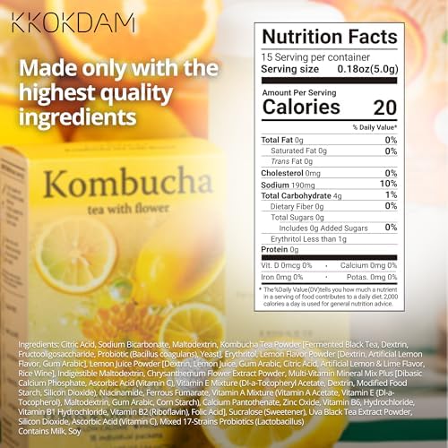 KKOKDAM Kombucha Tea - Lemon & Chrysanthemum Korean Tea - Kombucha Drinks Probiotic Support, Low Calorie, Sugar Free Drink Pack - 15 Kombucha Drink Packs