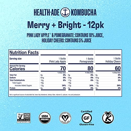 Health-Ade Kombucha Tea Organic Drink, Fermented Tea with Living Probiotics, Detoxifying Acids, Supports Gut Health, Non-GMO, Vegan, Gluten Free, 12 Pack (16 Fl Oz Bottles), Merry and Bright Variety Pack