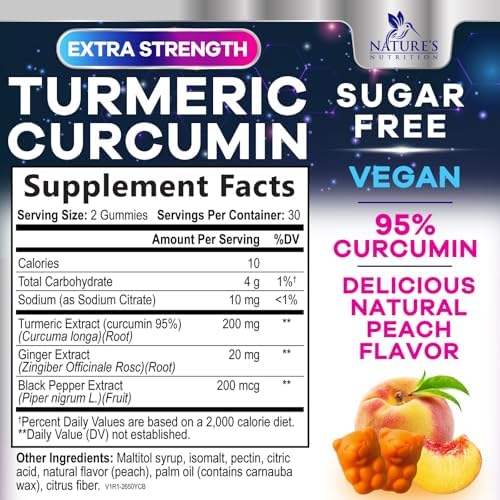Turmeric Curcumin Gummies Sugar Free Supplement - 95% Curcuminoids with Turmeric & Ginger, Black Pepper for Best Absorption, Nature's Vegan Joint Support, Non-GMO, Tasty Peach Flavor - 60 Gummies