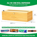 Libreshine 18 Inch Plastic Wrap Dispenser with Cutter & Roller, Heavy Duty Bamboo Commercial Film Wrap Holder for 3000ft Food Service Cling Film, 1000ft Foil, Butcher/Freezer/Kraft Paper
