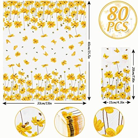 AnyDesign 80 Pack Calliopsis Guest Napkins Spring Summer Flower Bee Disposable Paper Napkins Yellow Floral Dinner Hand Towels for Home Kitchen Wedding Birthday Party Supplies