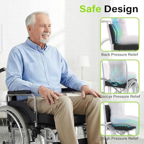 Bed Sore Wheelchair Cushions, 2-Piece Set - Wheelchair Lumbar Pillow,Gel Infused Seat Cushion, 18”x16” for Sciatica, Back & Coccyx Pain，Bedsore Pressure Relief, with Anti-Slip&Washable Cover