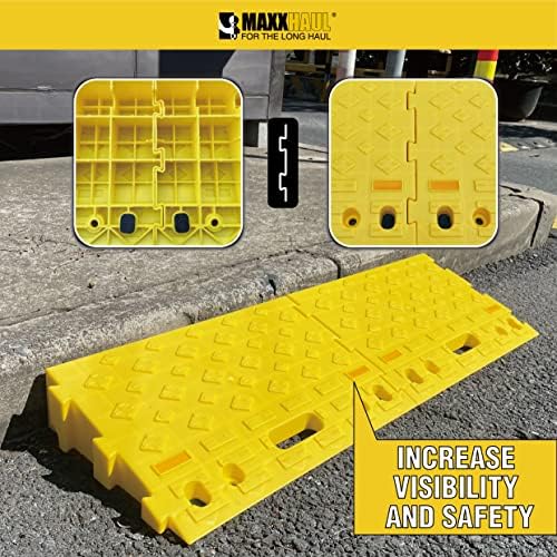 MAXXHAUL 50707 Portable Interlocking Plastic Curb Threshold Ramp Set (Yellow), 21.5 x 13.5 x 4 in, 2,000 lb Capacity per Ramp, for Driveway, Dock, Scooter, Wheelchair, Car, Truck