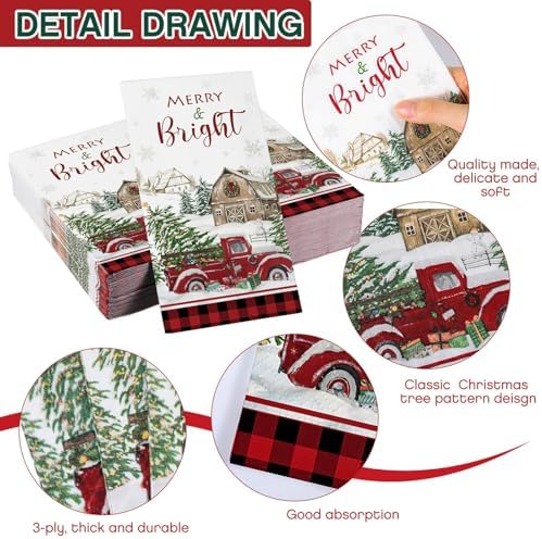 Pasimy 100 Pcs Christmas Guest Napkins Disposable 3 Ply Merry and Bright Buffalo Plaid Napkins Red Truck Xmas Tree Snowflake Paper Towel for Dinner Bathroom Wedding Winter Holiday Party Supplies