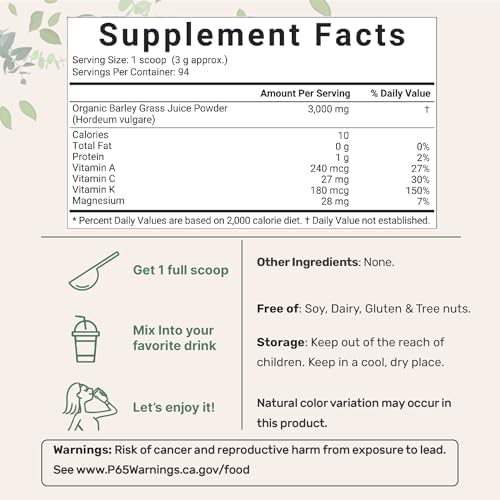 Micro Ingredients Organic Barley Grass Juice Powder, 10 Ounce, Cold Pressed, US Grown, Immune Vitamin, Fibers, Minerals, Antioxidants and Protein, Vegan