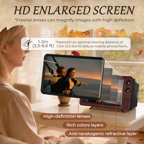 SEANCHEER Retro TV Cell Phone Screen Magnifier HD, 3D Portable Foldable Mobile Phone Magnifier for Movie & Game, Fit for All Smartphones - Gift for Women Mom Wife Men Dad Husband Friends (Brown, 12")