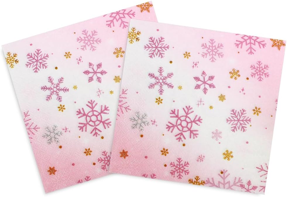 Pink Snowflake Paper Napkins - 40pcs Disposable Snowflake Party Napkins for Luncheon Dinner 6.5x6.5in for Girls Birthday, Winter Holiday Events, Baby Shower, Wedding, Valentine’s Day Decor
