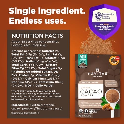 Navitas Organics Cacao Powder - Cocoa Powder Substitute 1:1, For Hot Chocolate, Baking & More - Regenerative Organic Certified, Non GMO, Fairtrade, Gluten Free, Non-alkalized (8oz. Bag, 38 Servings)